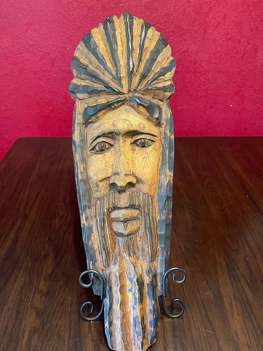Hand Carved Wooden Face Sculpture Wall Hanging, 22-Inch Folk Art Beard Portrait